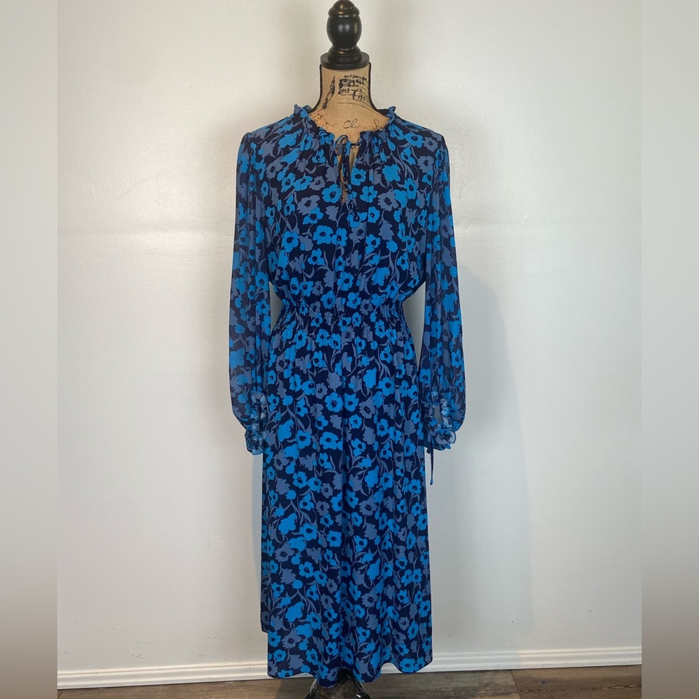 Anne Klein Floral Maxi Dress Size L Smocked Chiffon Long Sleeve Semi Sheer Blue